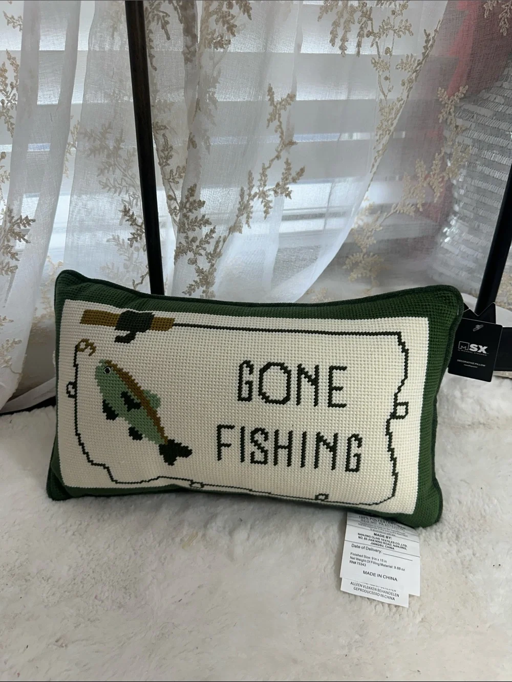 MSX GONE FISHING NEEDLEPOINT DECOR PILLOW